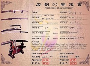 Zertifikat Tenno Kuni Kuru Samuraischwert das Katana